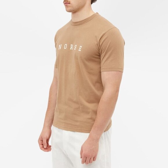 Norse Projects Men's Johannes Varsity Logo T-Shirt in Camel Small - Picture 3 of 8
